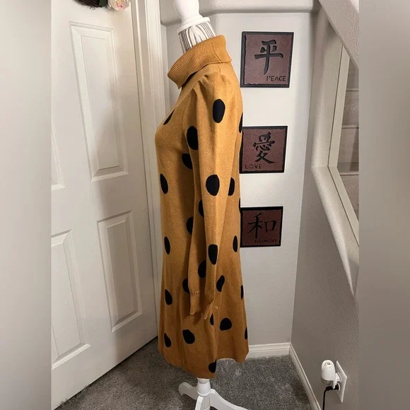 Who What Wear Tan Mocha Polka Cowl Neck Balloon Sleeve Sweater Midi Dress M - Picture 7 of 12
